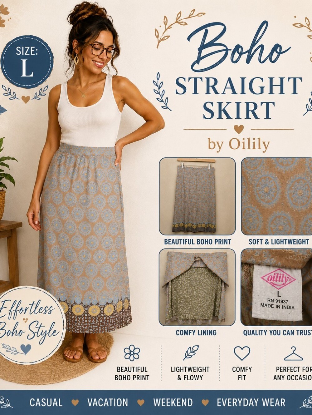 Oilily Beige and Light Blue Circular Print Maxi Skirt